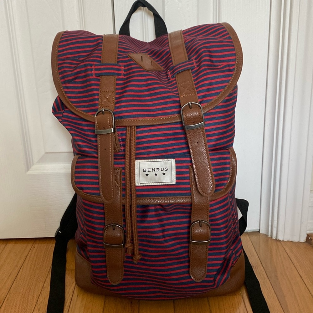 BENRUS Scout Backpack Large Red Blue Striped Leather Straps School Travel 19"